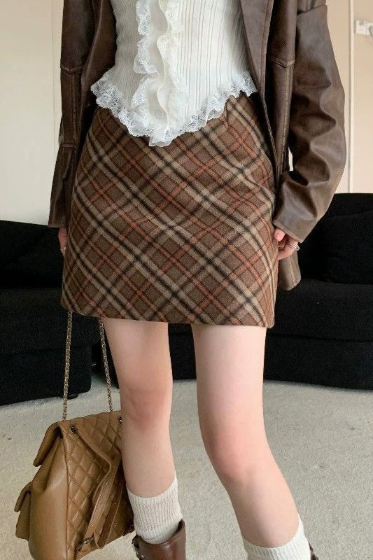 Tweed Plaid Vintage High Waist Fitted Short Skirt