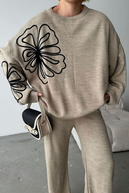 Casual Round Neck Knit Sweater with Pants Two Piece Pants Set