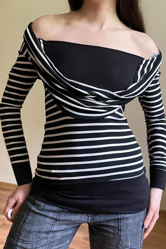 Fitted Striped Off Shoulder Long Sleeve Bloshope