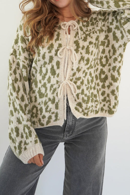 Leopard Print Tie-Front Knit Cardigan