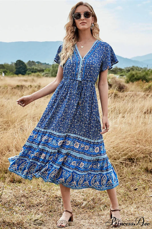 Deep V-neck Floral Button Pleated Maxi Boho Dress