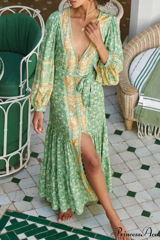 Deep V-neck Floral Long Sleeve Cotton Boho Dress