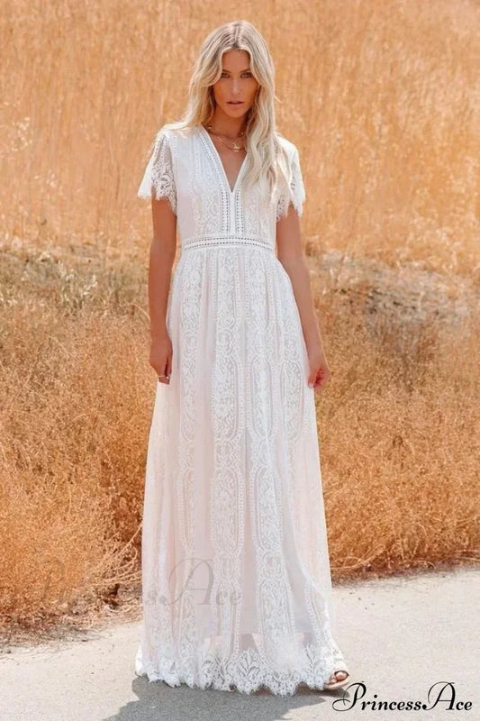 Deep V-neck Lace Hollow Out Vintage White Boho Dress