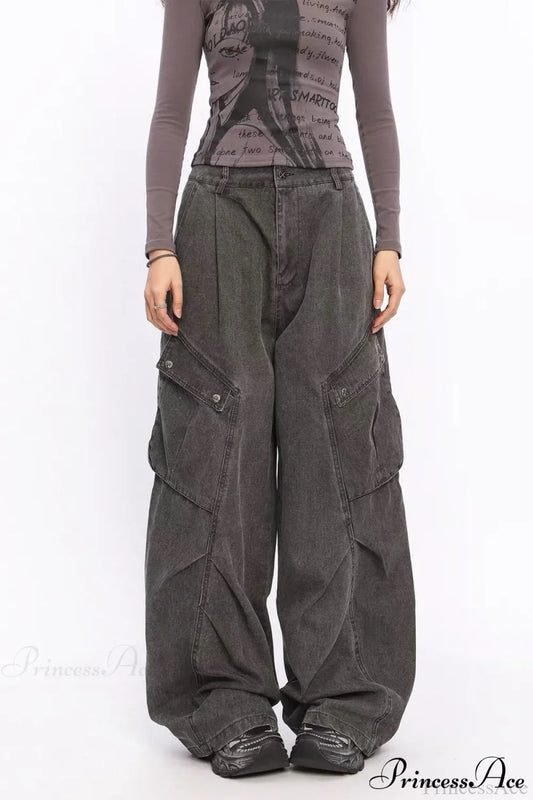 Denim Large Pocket Wide-Leg Cargo Pants