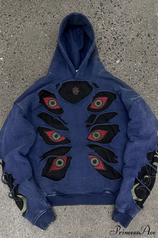 Devil Eye Ripped Embroidered Vintage Hoodie