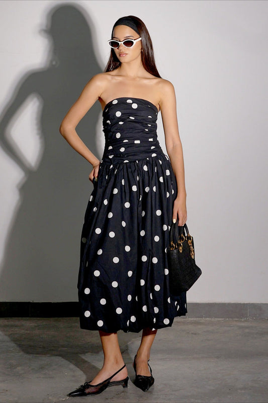 Elegant Polka Dot Strapless Bodycon Maxi Dress