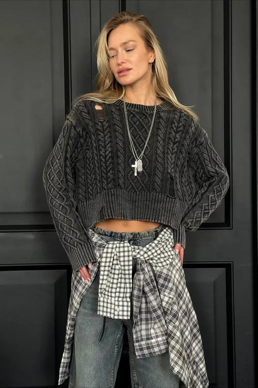 Distressed Crew Neck Cropped Crop Top Knit Sweater