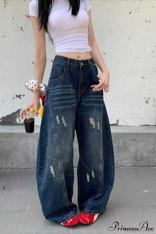 Distressed Curved Loose Wide Leg Casual Utility Jeans