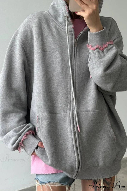 Distressed Pink Zip Loose Hoodie