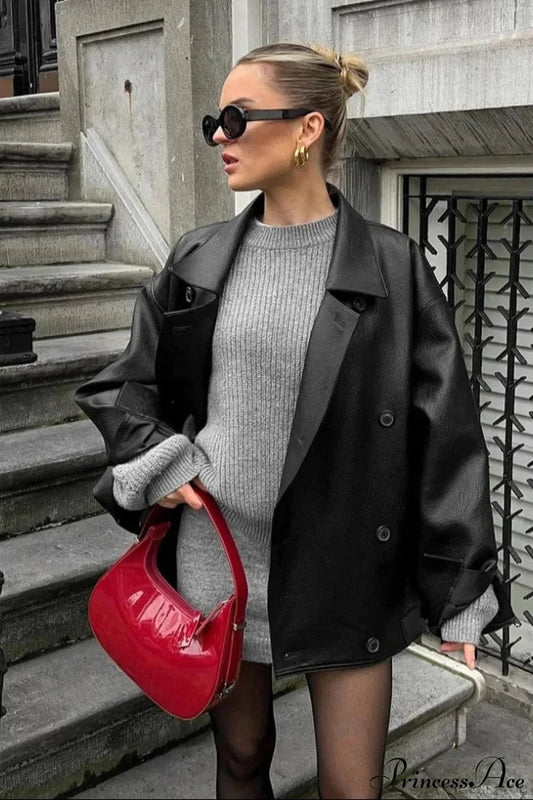 Double Breasted Black Lapel Leather Coat