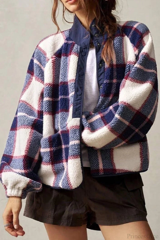 Double-Fleece Plaid Wool Long Sleeve Jacket