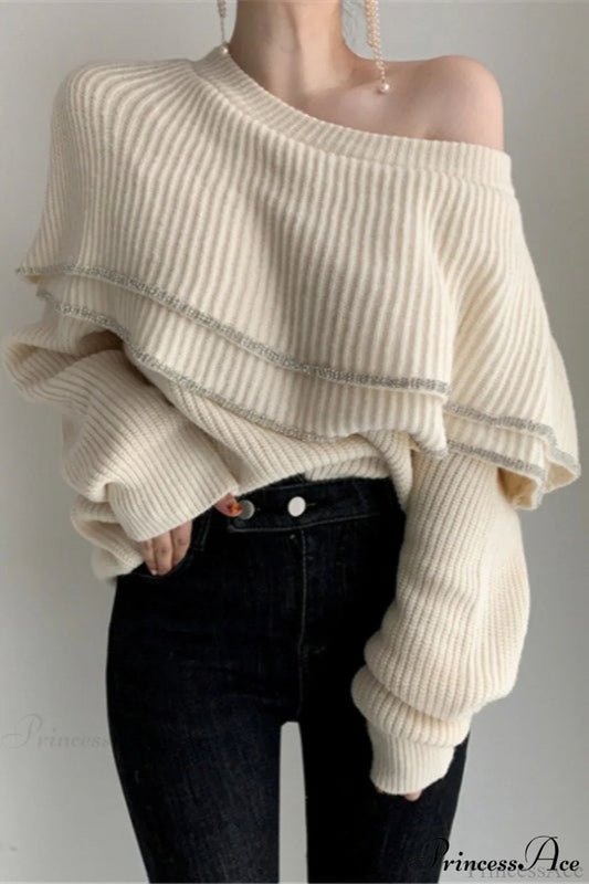 Double Ruffled Off-Shoulder French Vintage Knit Top