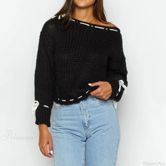 Drawstring Loose Long Sleeve Sweater Black / S