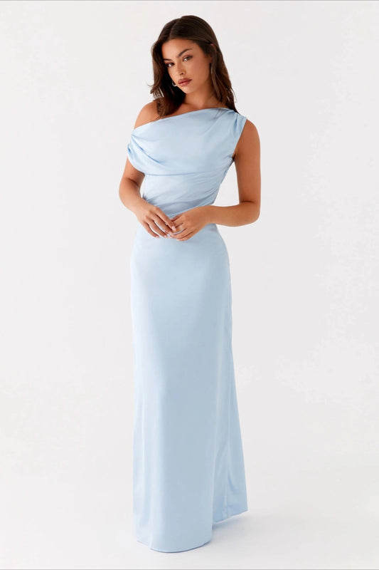 Solid Asymmetric Neckline Formal Dress
