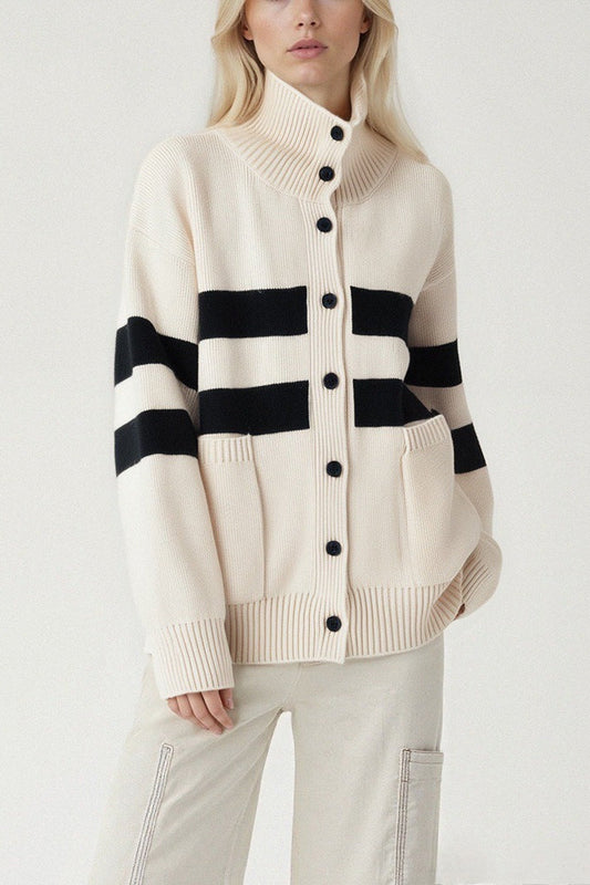 Color Block Stripe Turtleneck Loose Plshop Size Knit Cardigan