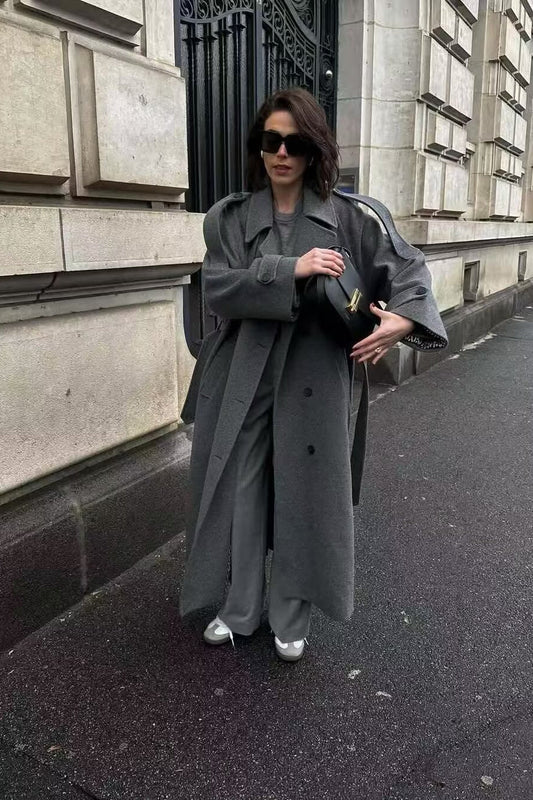 Double-Breasted Belted Slim-Fit Woolen Long Overcoat