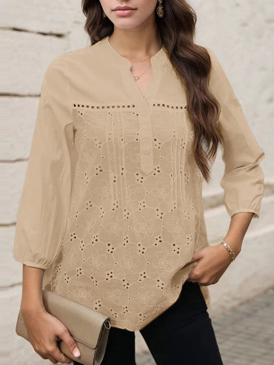 Pleated Lace Insert V-neck 3/4 Sleeve Bloshope