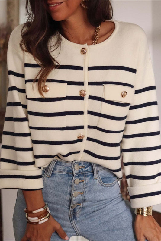 Stripe Button Long Sleeve Knit Bloshope