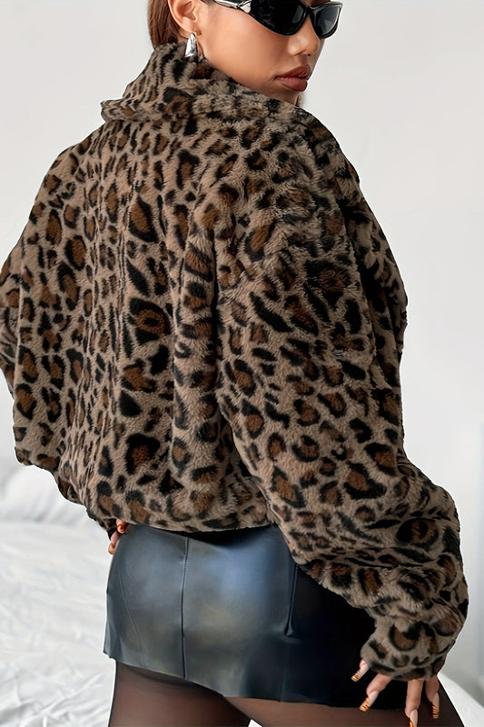 Casual Loose Fit Leopard Fleece Coat