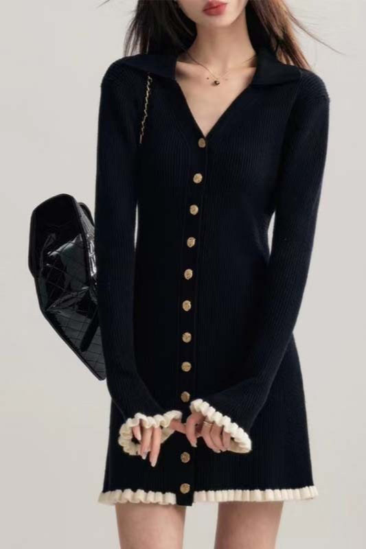 Black Contrast V-Neck Sweater Dress