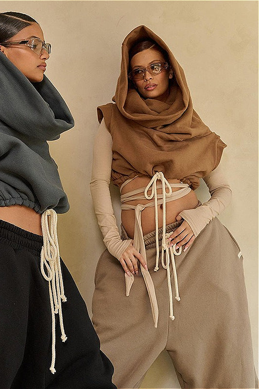 Solid Casual Wide Collar Cropped Hoodie