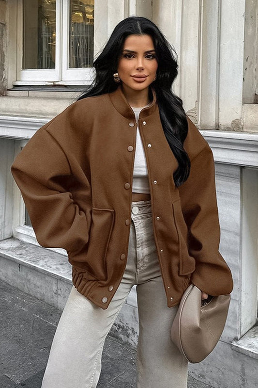 Maillard Brown Thickened Mid-Length Stand-Collar Woolen Jacket