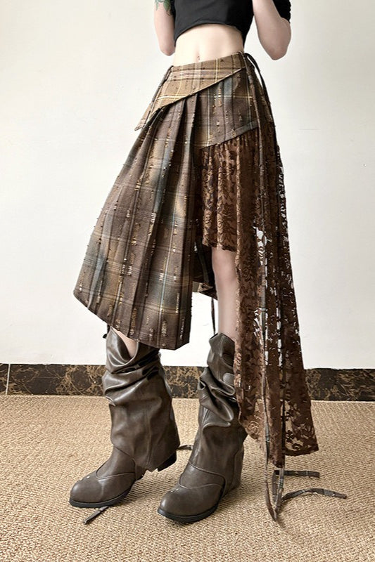 Wasteland Plaid Asymmetrical Lace Skirt