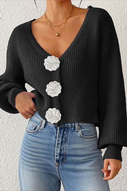 Button Front Crochet Knit Crop Sweater