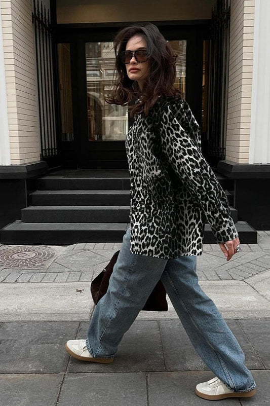 Leopard Print Long Sleeve Open Front Coat