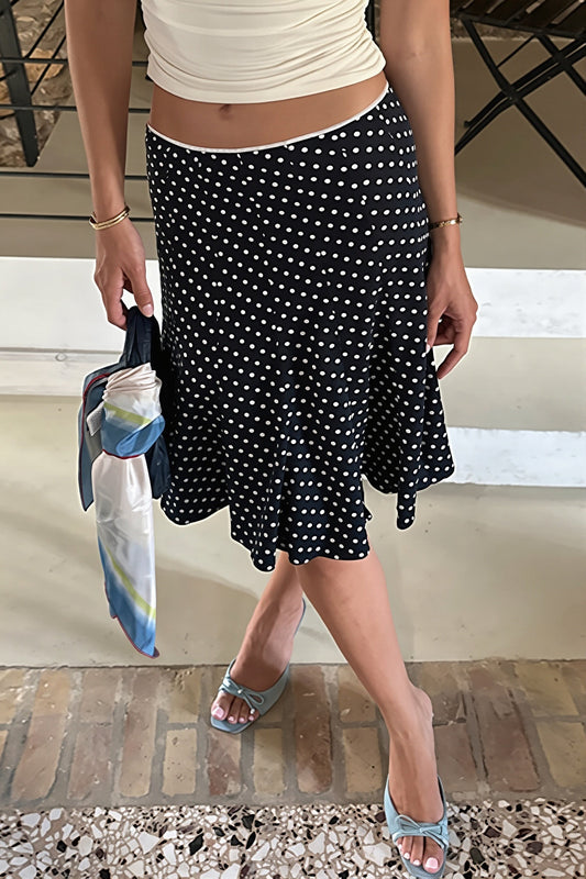 Black Polka Dot Lace Trim Fishtail Midi Skirt