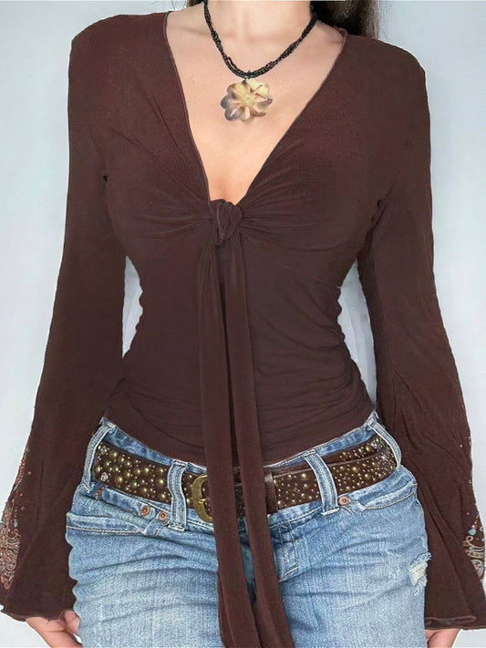 Vintage V Neck Printed Long Sleeve Bloshope