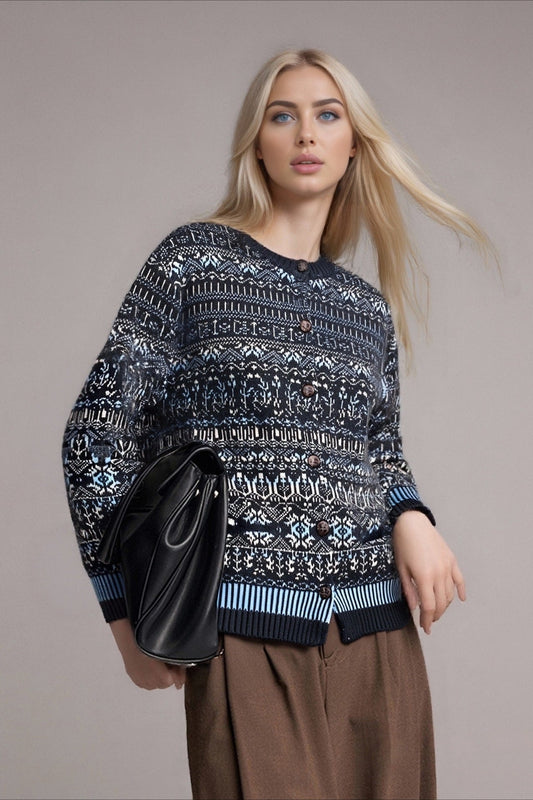 Fair Isle Jacquard Colorblock Crew Neck Knit Cardigan