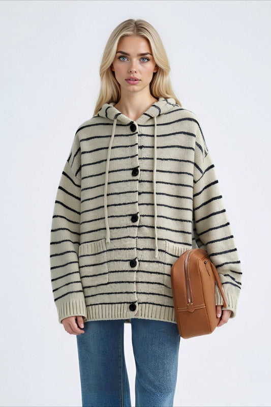 Stripe Hooded Retro Drawstring Pocket Plshop Size Knit Cardigan