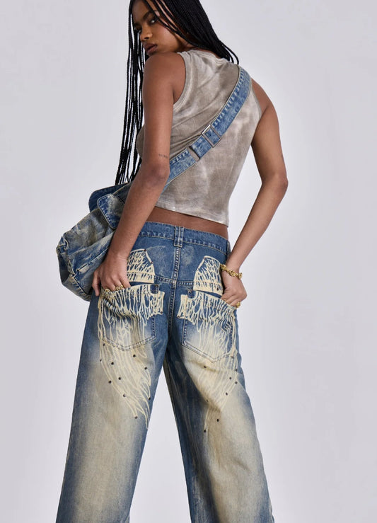 Gradient Wing Print Wide Leg Jeans
