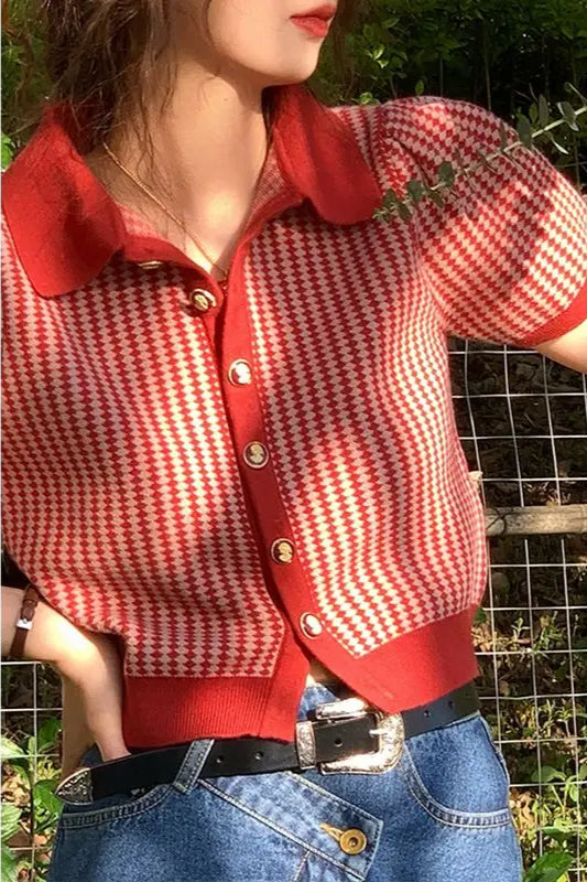 Thin Knit Turn-down Collar Short Sleeve Cardigan