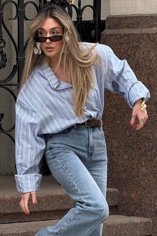 Loose Striped Collared Long Sleeve Bloshope