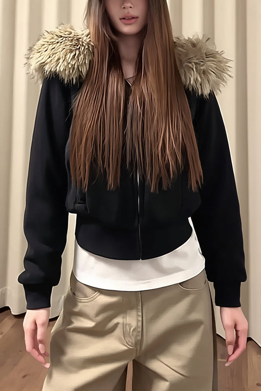 Plush Hood Fitted Cropped Zip Hoodie