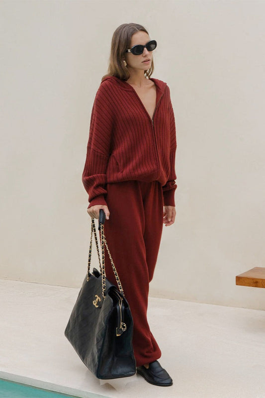 Ribbed Hooded Zip Sweater Harem Pants Set
