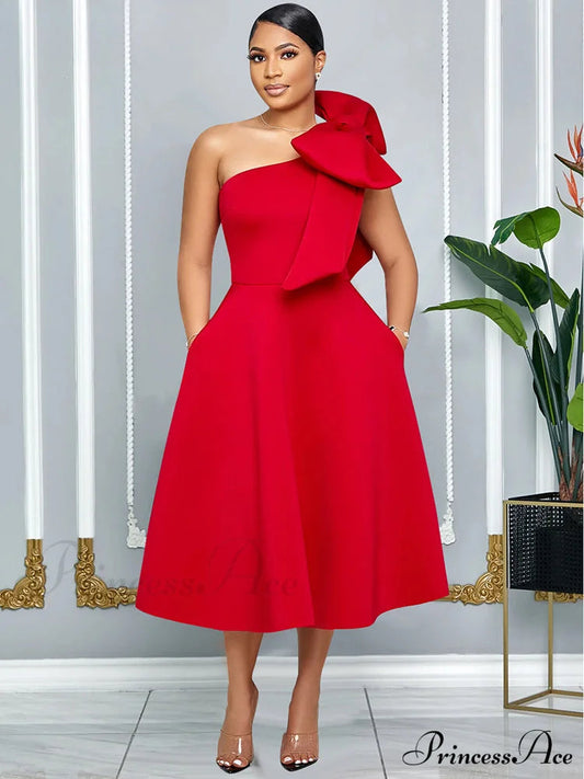 Elegant A Line Pleated One Shoulder Bow Red Christmas Party Dress