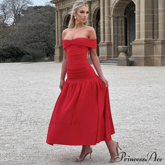 Elegant Backless Patchwork Long Red Sleeveless Bandeau Solid Pleated Wide Skirt Christmas Party Dress