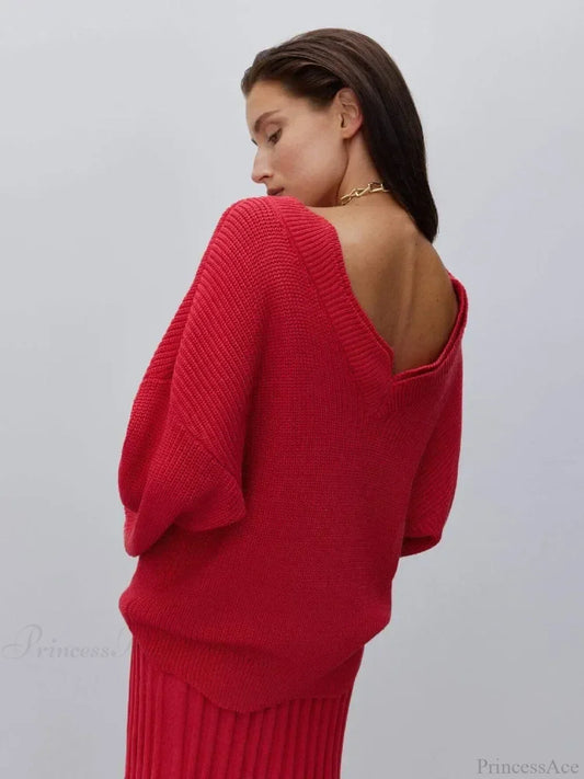 Elegant Backless Sexy Cut Out Long Sleeve Casual Christmas Sweater Red / S Sweaters-L