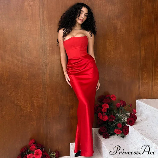 Elegant Corset Strap Neck Backless Maxi Red Christmas Party Dress
