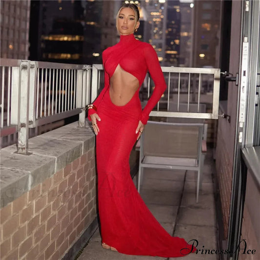 Elegant Cut Out Maxi Dress Party Club Long Sleeve Ruched Christmas Party Dress