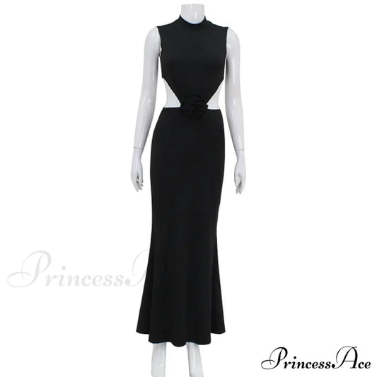 Elegant Hollow Back Sexy Solid Color Turtle Neck Sleeveless Dress Christmas Party Dress