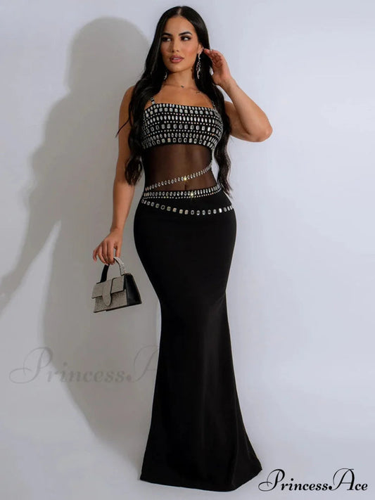 Elegant Mesh See Through Rhinestones Strap Sleeveless Red Christmas Party Dress