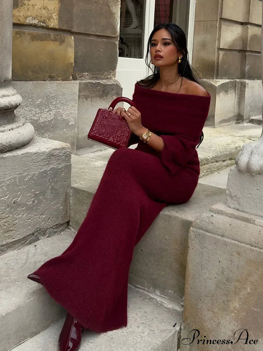 Elegant Off Shoulder Fold Knit Long Sleeve Tight Red Christmas Party Dress