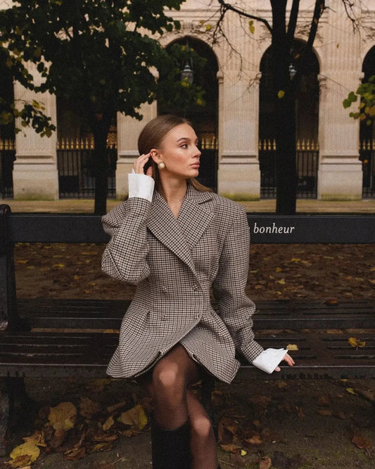 Elegant Plaid Printed Lapel Coat Grey / S