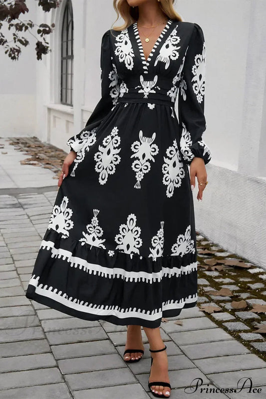 Elegant Printed V-neck A-line Boho Dress