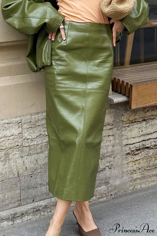 Elegant PU Leather Midi Slit Skirt