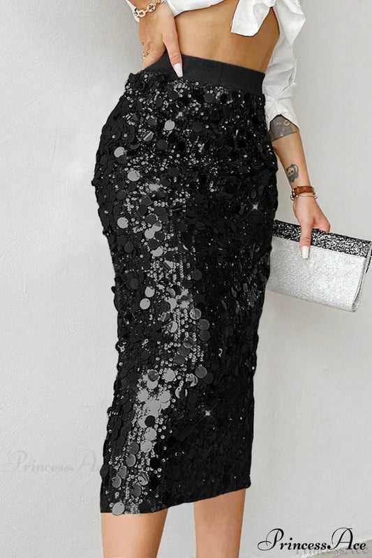 Elegant Sequin High-Waist Bodycon Midi Skirt